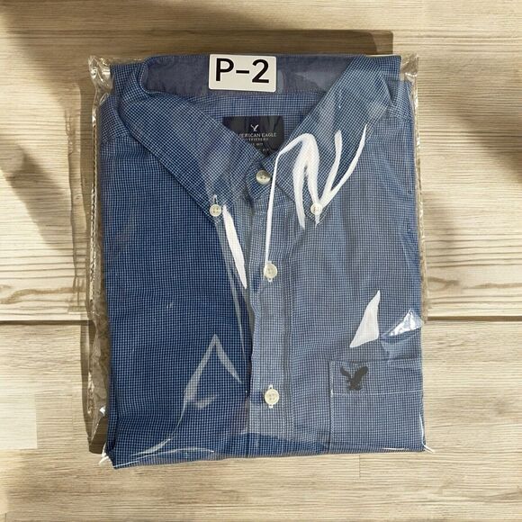 American Eagle Men Blue small plaid Button Down Classic Fit Long Sleeve SZ/L-G - Picture 14 of 14